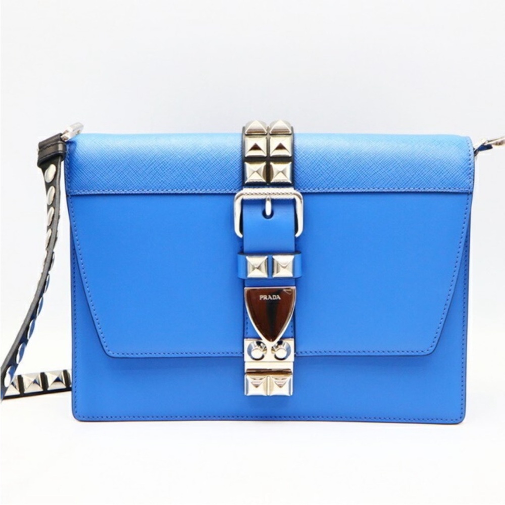 Prada Electric Blue Saffiano Crossbody with Studded Buckle